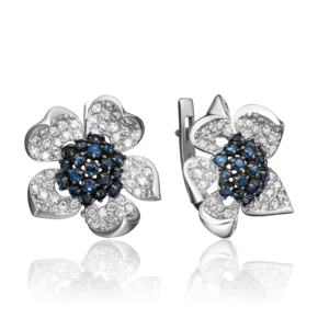 Серьги «Пионы» с английским замком из белого золота с сапфирами и бриллиантами