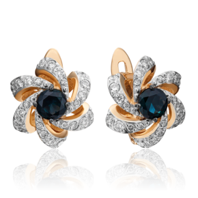 Серьги с английским замком из красного золота с сапфиром и бриллиантами