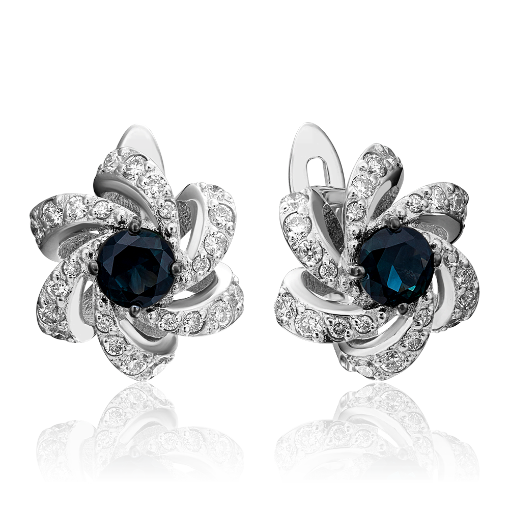 Серьги с английским замком из белого золота с сапфиром и бриллиантами 02-0837-00-105-1120-30