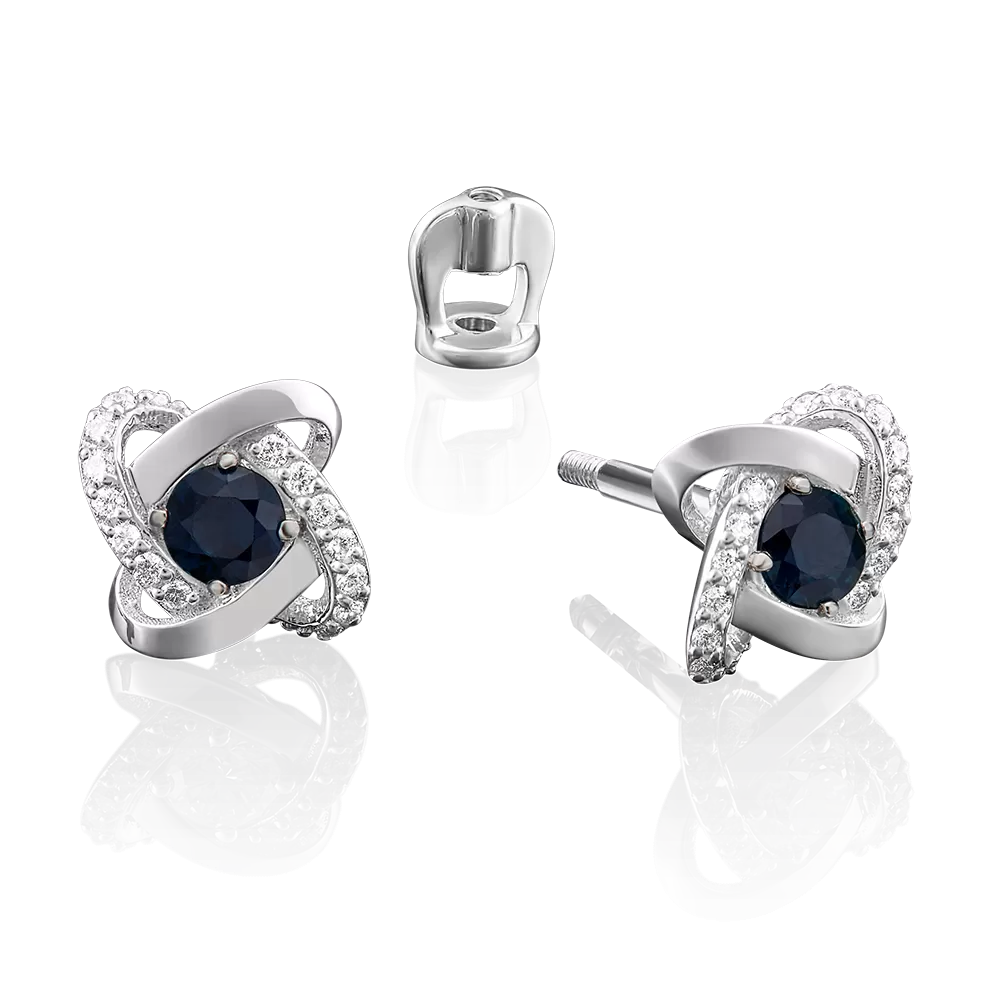 Серьги-пусеты из белого золота с сапфиром и бриллиантами 02-0839-00-105-1120-30