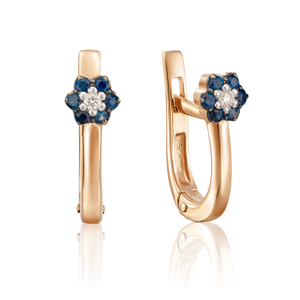 Серьги с английским замком из красного золота с бриллиантом и сапфирами 02-0321-00-105-1110-30