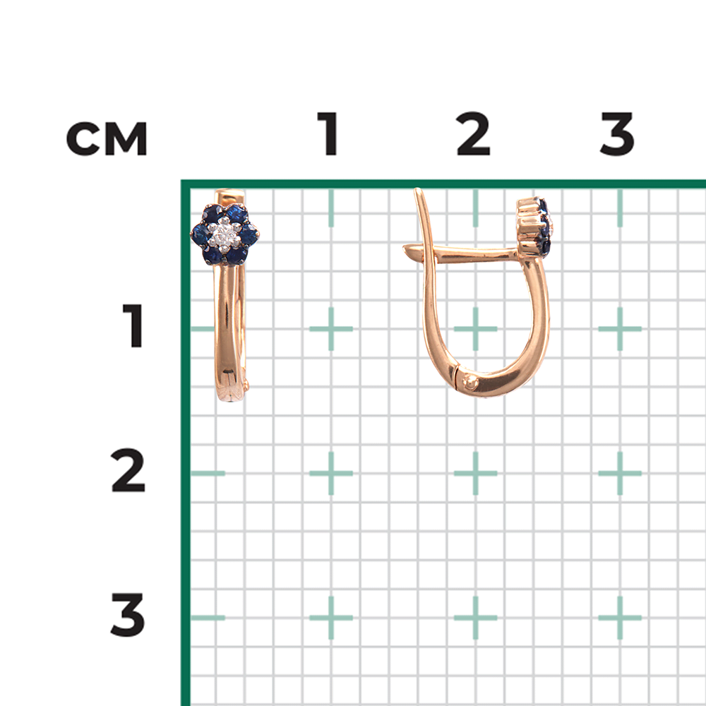 Серьги с английским замком из красного золота с бриллиантом и сапфирами 02-0321-00-105-1110-30