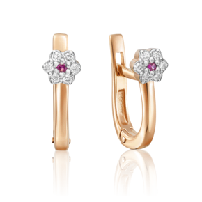 Серьги с английским замком из красного золота с рубином и бриллиантами 02-0323-00-107-1110-30