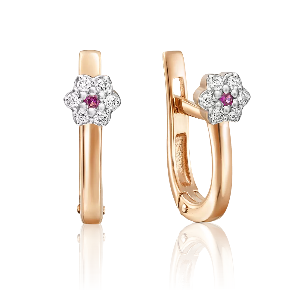 Серьги с английским замком из красного золота с рубином и бриллиантами 02-0323-00-107-1110-30