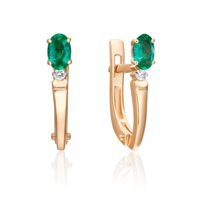 Серьги с английским замком из красного золота с изумрудом и бриллиантом