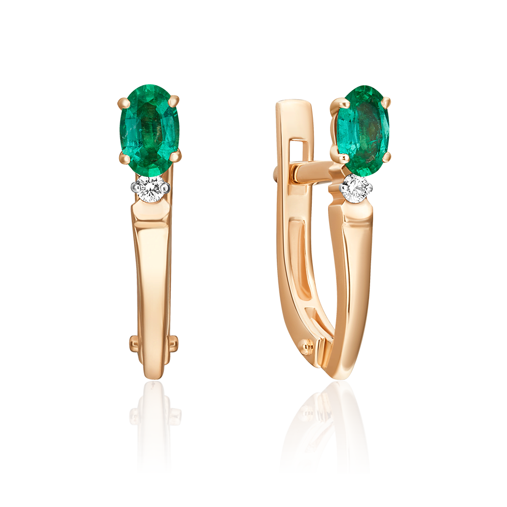 Серьги с английским замком из красного золота с изумрудом и бриллиантом 02-0427-00-106-1110-30