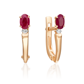 Серьги с английским замком из красного золота с рубином и бриллиантом