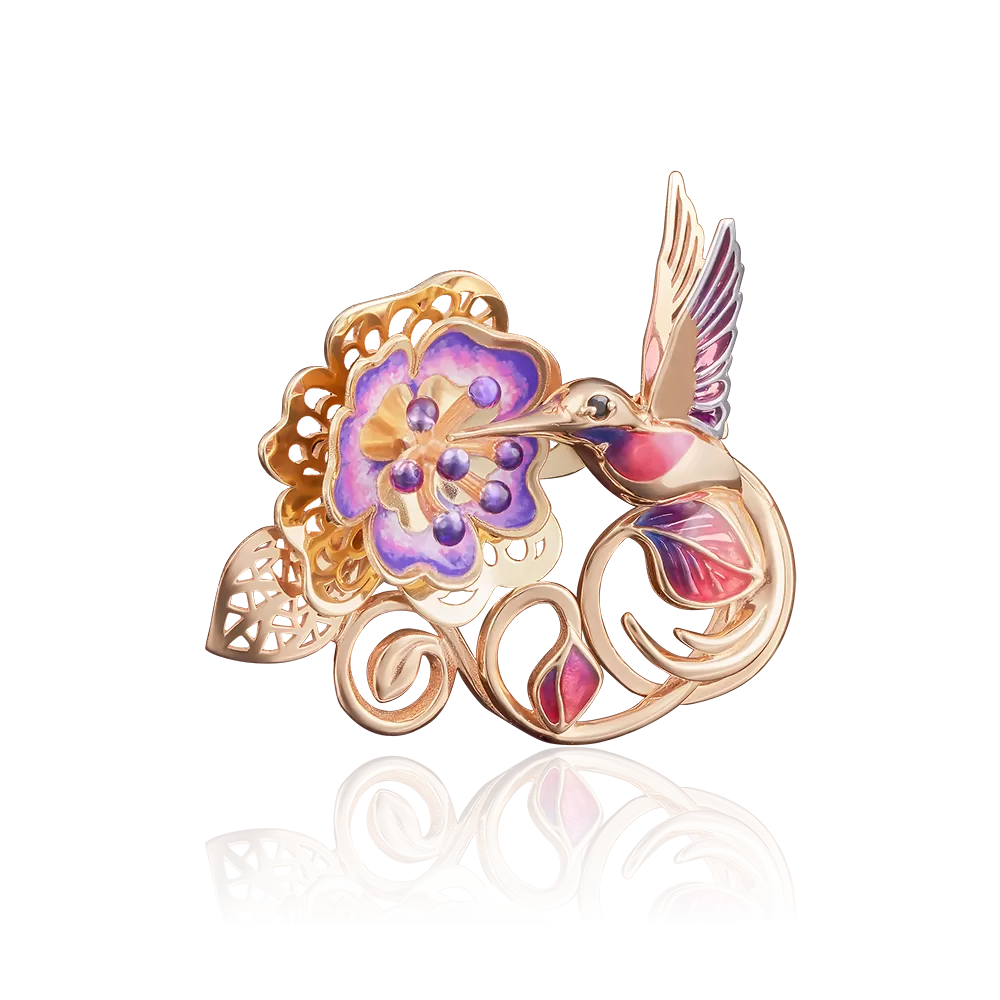 Брошь «Колибри» из красного золота с фианитом и эмалью 04-0159-00-402-1110-48