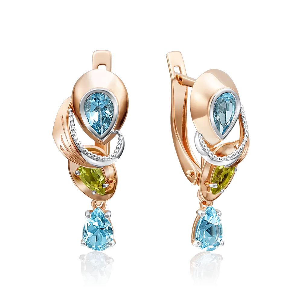 Серьги с английским замком из красного золота с топазами и хризолитом 02-4181-00-243-1110-57