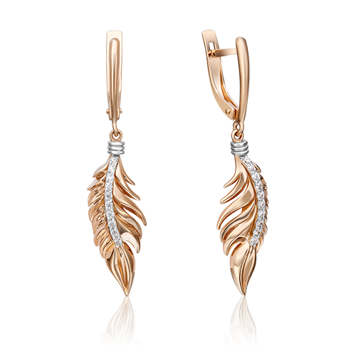 Серьги «Перья» с английским замком из комбинированного золота с фианитами 02-4344-00-401-1111-23