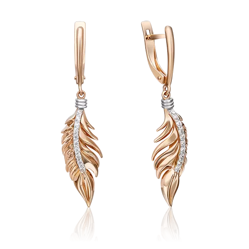Серьги «Перья» с английским замком из комбинированного золота с фианитами 02-4344-00-401-1111-23