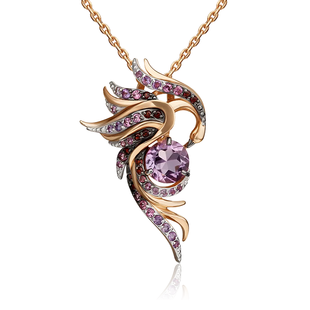 Подвеска «Жар-птица» из красного золота с аметистами и гранатами 03-3146-00-257-1110-46