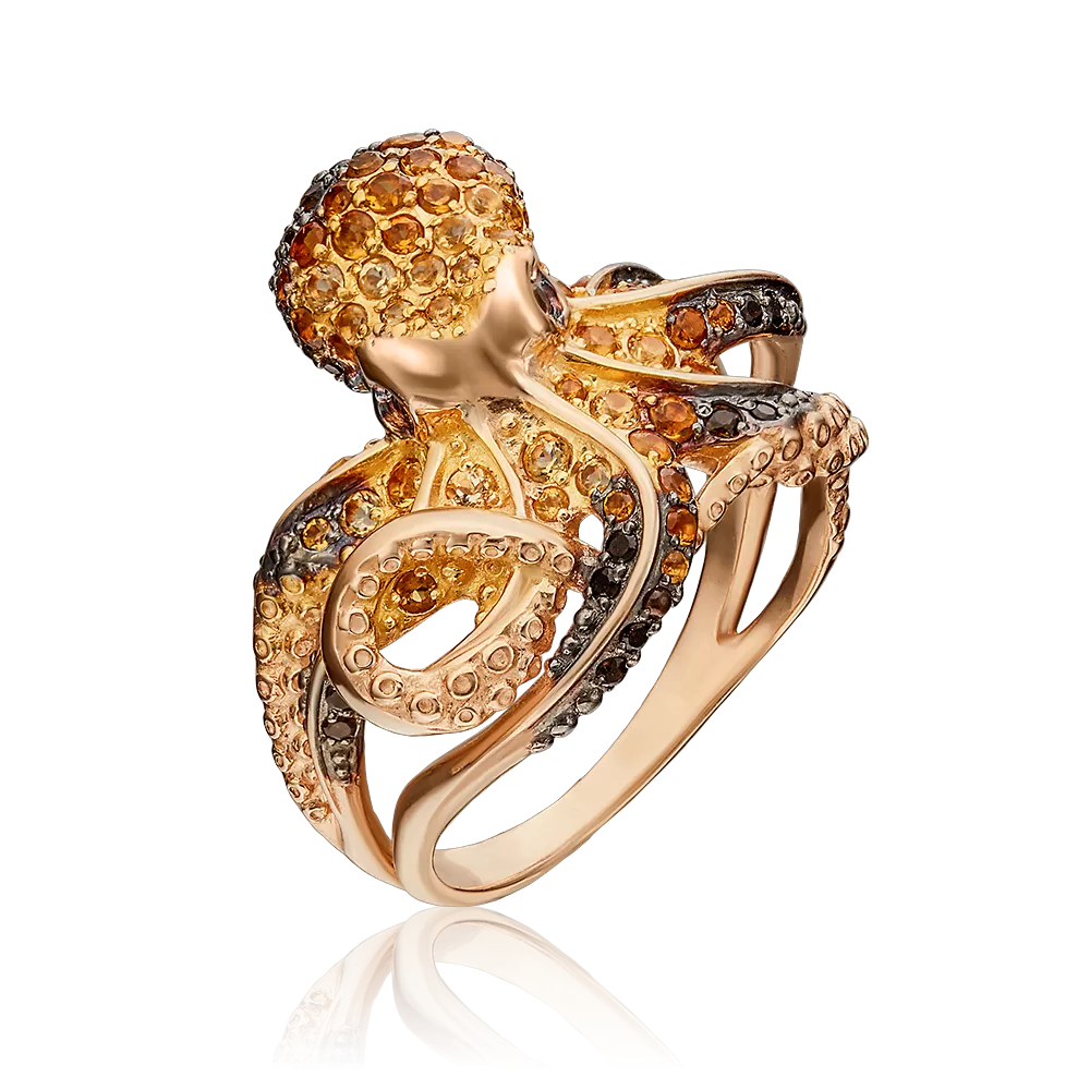 Кольцо «Осьминог» из красного золота с цитринами и кварцем дымчатым 01-5396-00-226-1110-57