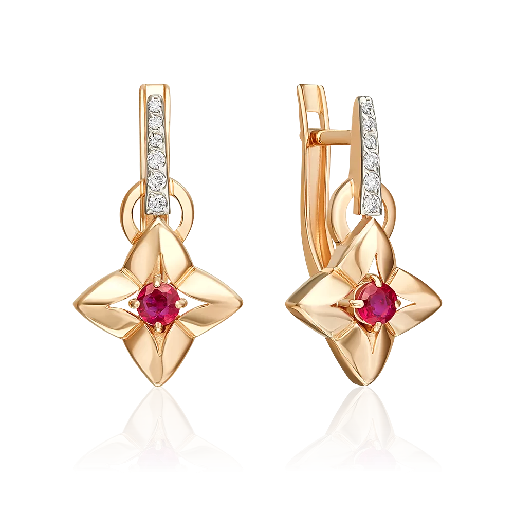 Серьги с английским замком из красного золота с рубином и бриллиантами 02-5494-00-107-1110