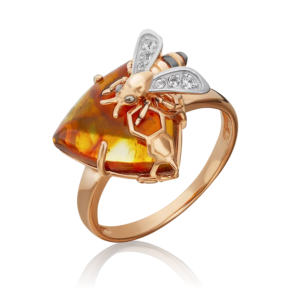Кольцо «Пчела на сотах» из красного золота с янтарём и натуральными топазами white 01-5456-00-733-1110