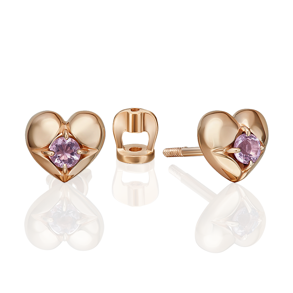 Серьги-пусеты «Сердца» из красного золота с аметистом 02-5392-00-203-1110