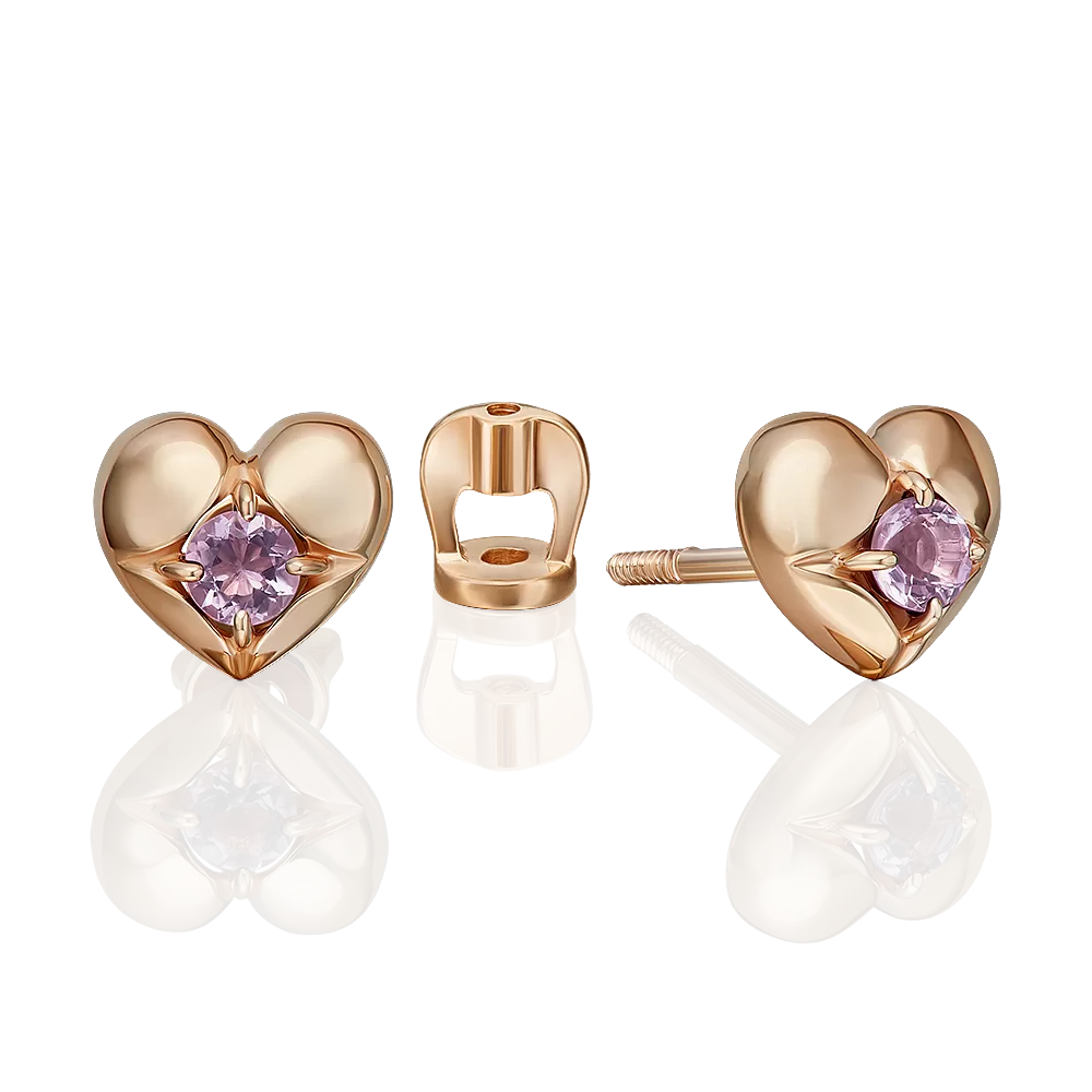 Серьги-пусеты «Сердца» из красного золота с аметистом 02-5392-00-203-1110