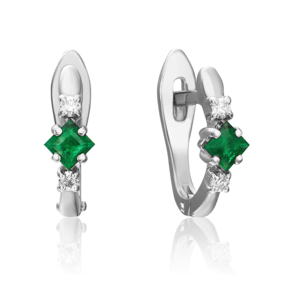 Серьги с английским замком из белого золота с изумрудом и бриллиантами