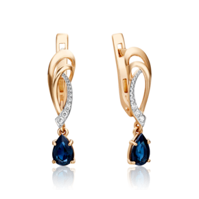 Серьги с английским замком из красного золота с сапфиром и бриллиантами