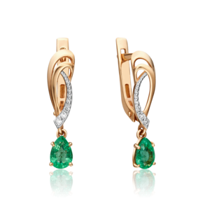 Серьги с английским замком из красного золота с изумрудом и бриллиантами