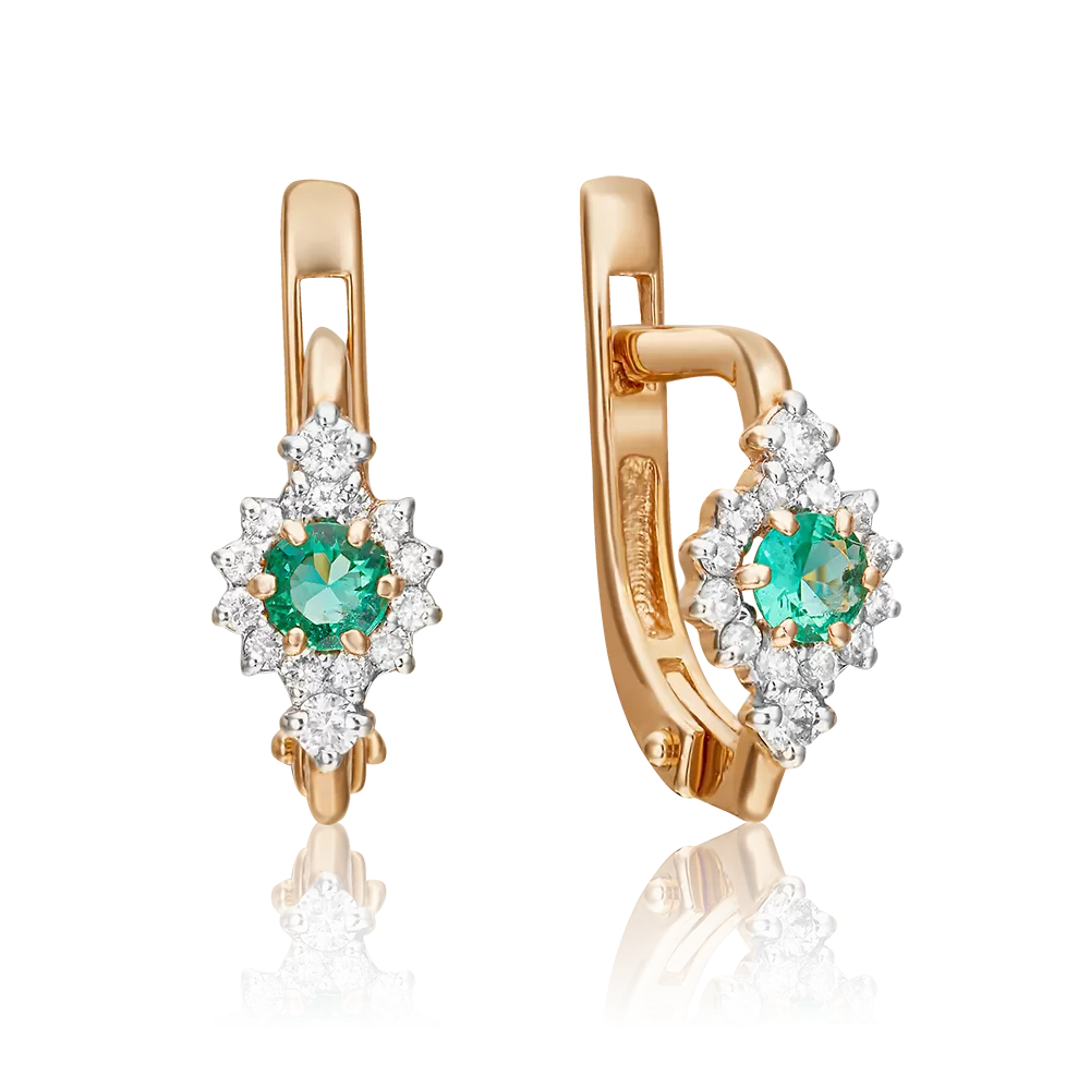 Серьги с английским замком из красного золота с изумрудом и бриллиантами 02-0875-00-106-1110-30