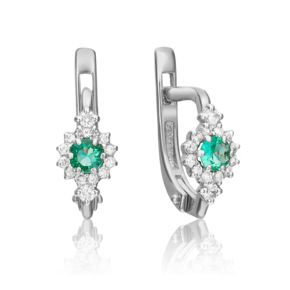 Серьги с английским замком из белого золота с изумрудом и бриллиантами
