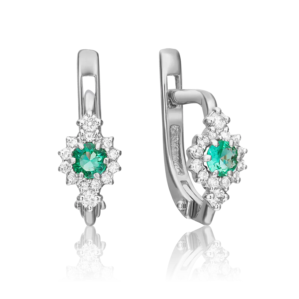 Серьги с английским замком из белого золота с изумрудом и бриллиантами 02-0875-00-106-1120-30