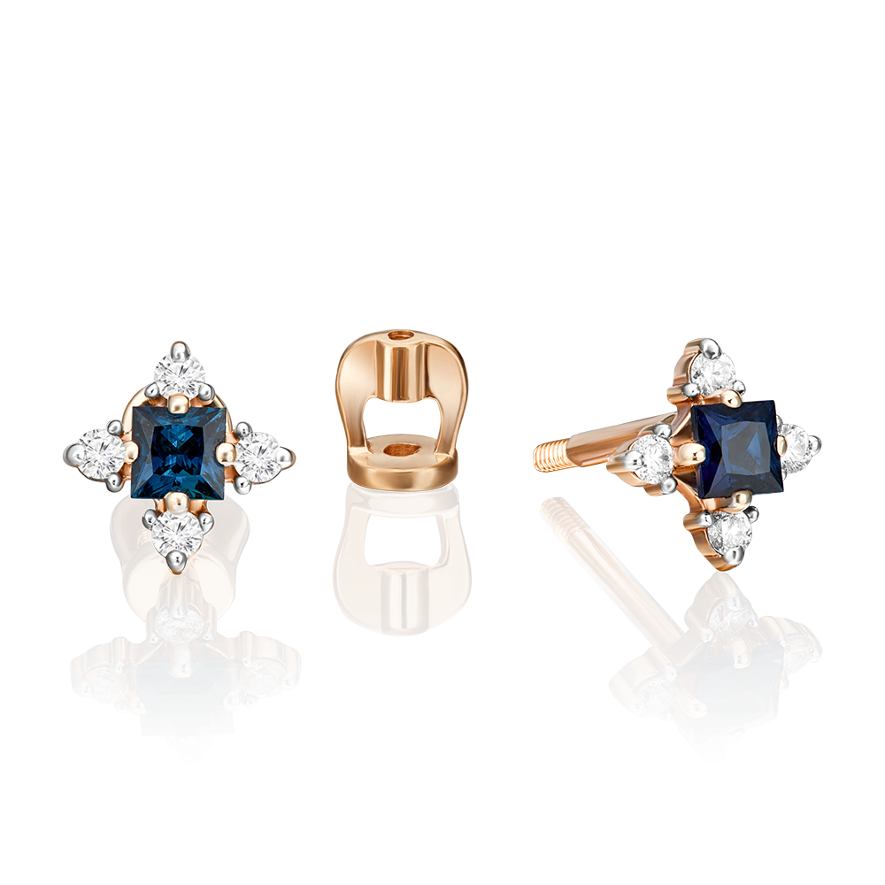 Серьги-пусеты из красного золота с сапфиром и бриллиантами 02-0876-00-105-1110-30