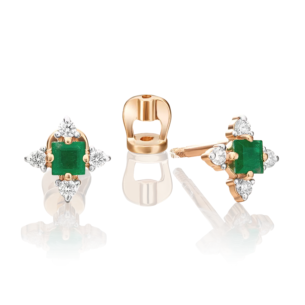 Серьги-пусеты из красного золота с изумрудом и бриллиантами 02-0876-00-106-1110-30