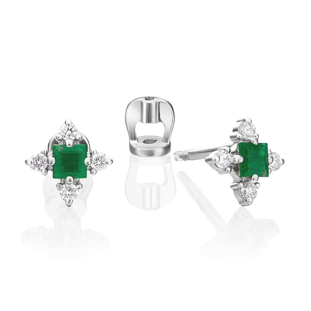 Серьги-пусеты из белого золота с изумрудом и бриллиантами 02-0876-00-106-1120-30