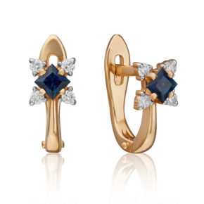 Серьги с английским замком из красного золота с сапфиром и бриллиантами
