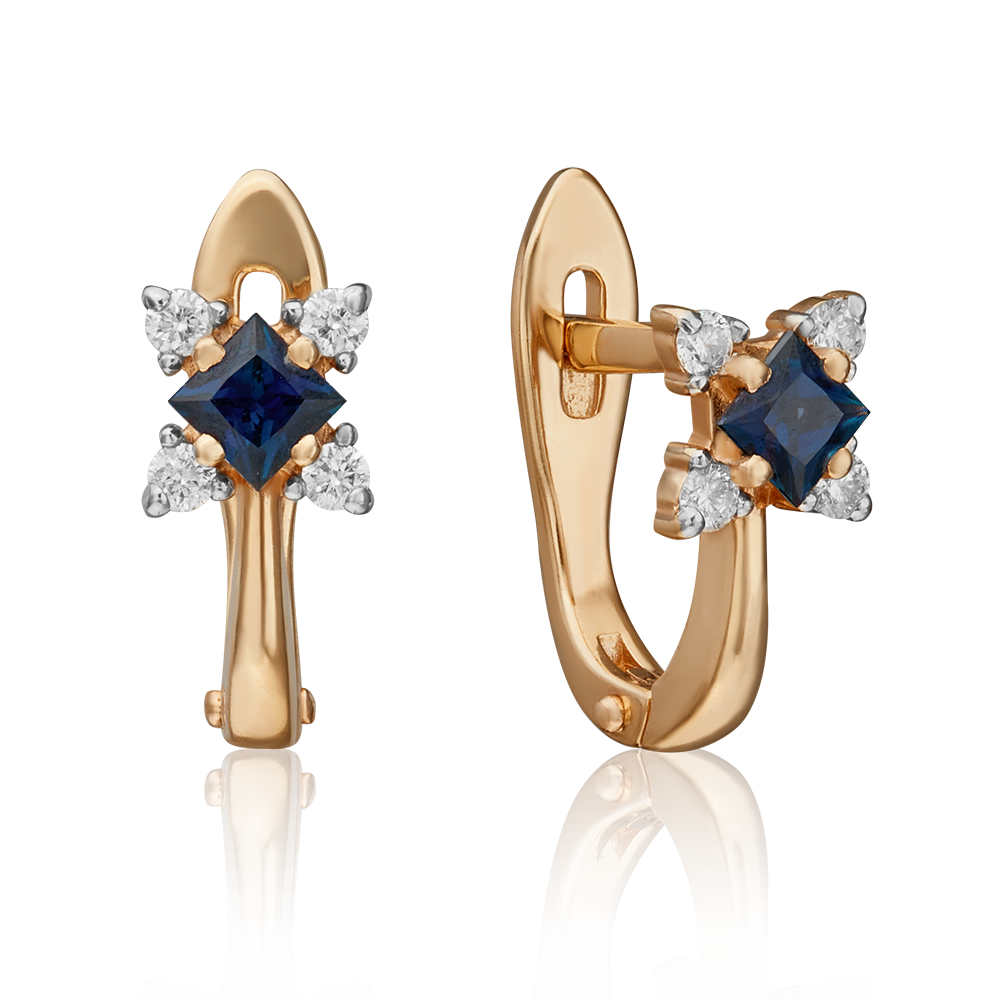 Серьги с английским замком из красного золота с сапфиром и бриллиантами 02-0877-00-105-1110-30