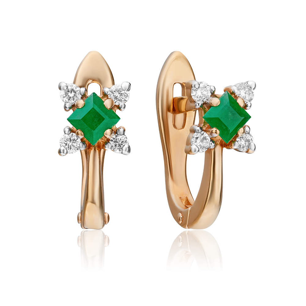 Серьги с английским замком из красного золота с изумрудом и бриллиантами 02-0877-00-106-1110-30