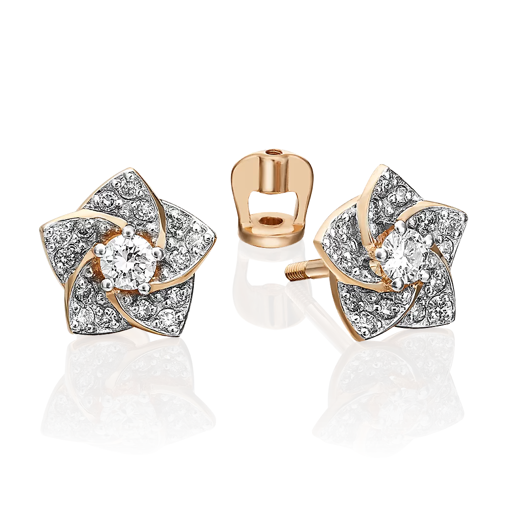 Серьги-пусеты «Цветы» из красного золота с фианитами 02-3373-00-501-1110-38