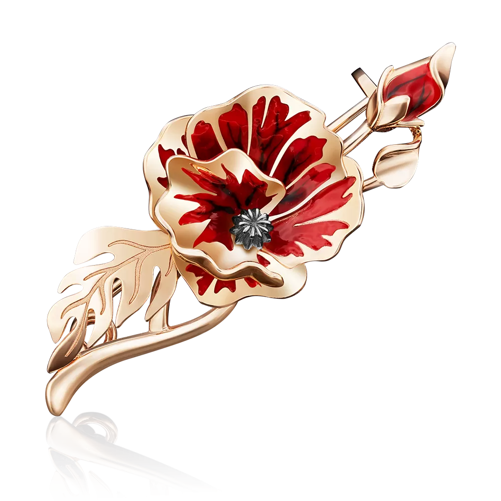 Брошь «Мак» из красного золота с эмалью 04-0174-00-000-1110-48