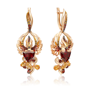 Серьги «Фениксы» из красного золота с гранатами, цитринами и эмалью 02-5280-00-722-1110