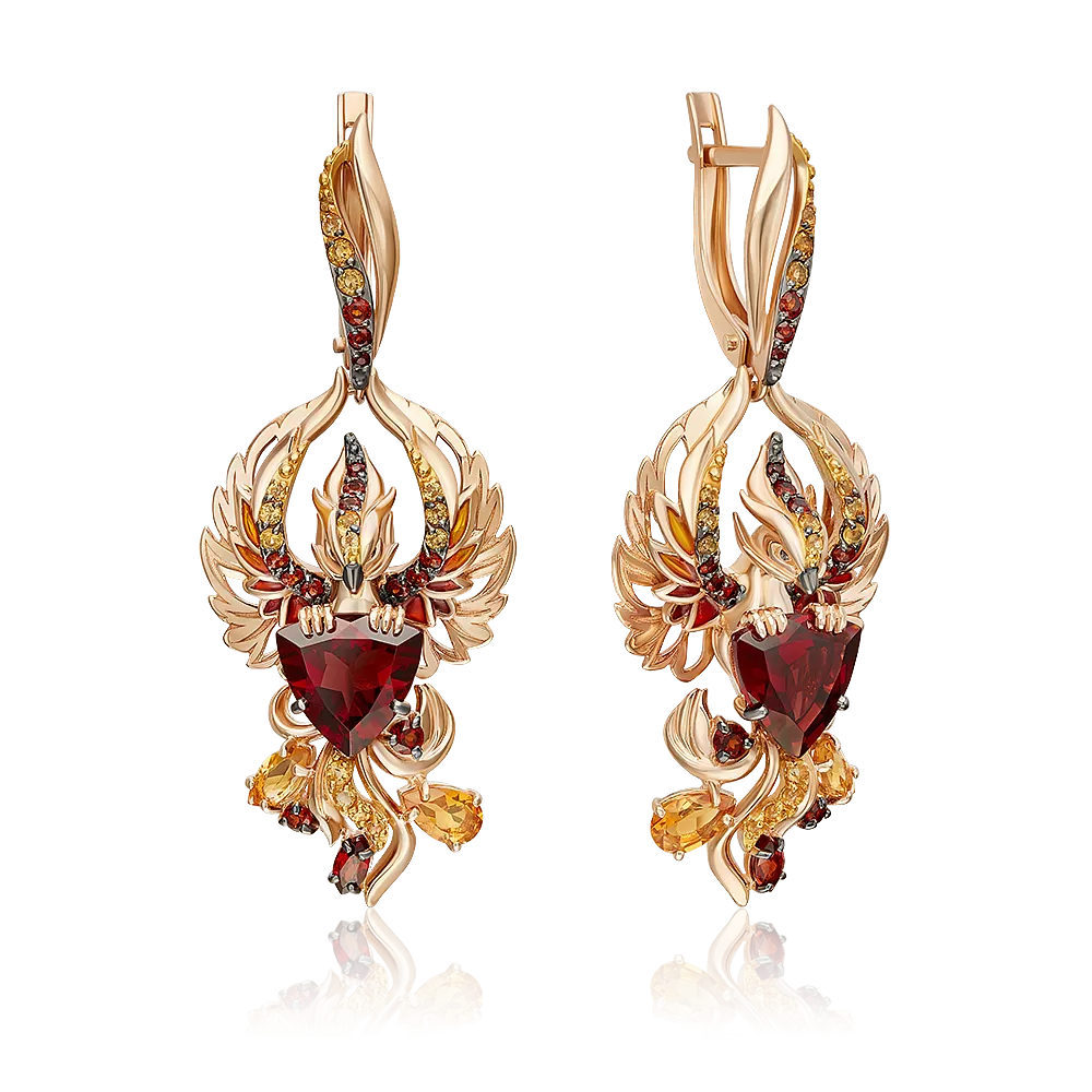 Серьги «Фениксы» из красного золота с гранатами, цитринами и эмалью 02-5280-00-722-1110