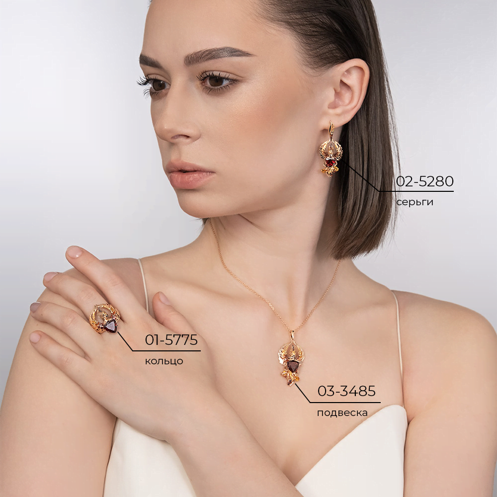 Серьги «Фениксы» из красного золота с гранатами, цитринами и эмалью 02-5280-00-722-1110
