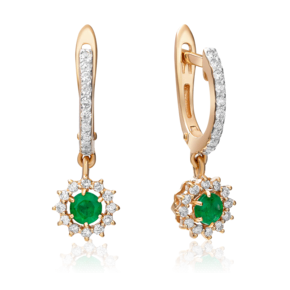 Серьги с английским замком из красного золота с изумрудом и бриллиантами