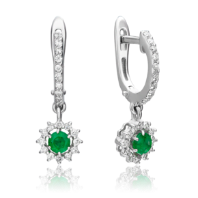 Серьги с английским замком из белого золота с изумрудом и бриллиантами