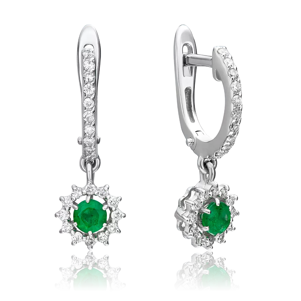 Серьги с английским замком из белого золота с изумрудом и бриллиантами 02-0939-00-106-1120-30