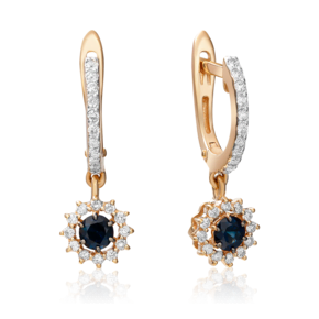 Серьги с английским замком из красного золота с сапфиром и бриллиантами