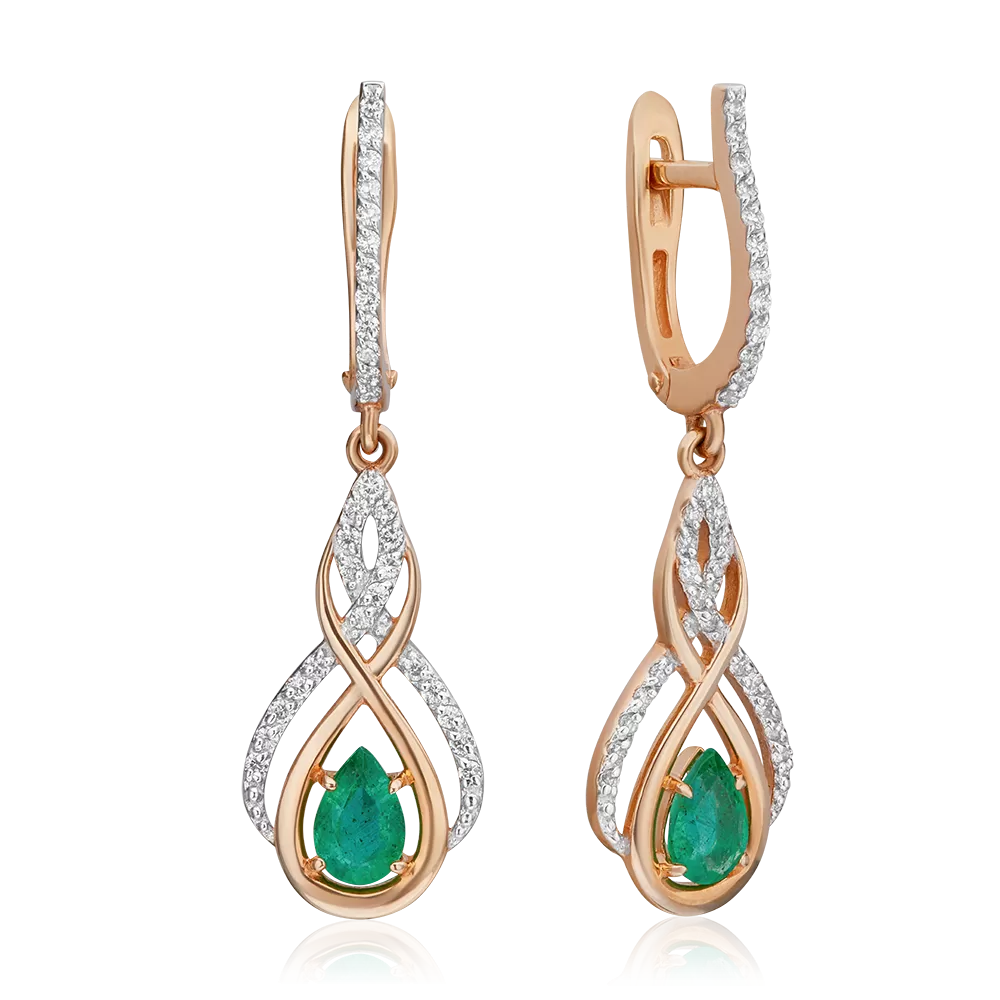 Серьги с английским замком из красного золота с изумрудом и бриллиантами 02-0915-00-106-1110-30
