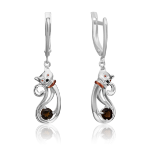 Серьги «Кошки» с английским замком из серебра с кварцем дымчатым и эмалью 02-4644-00-202-0200-68
