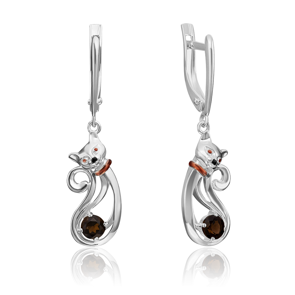 Серьги «Кошки» с английским замком из серебра с кварцем дымчатым и эмалью 02-4644-00-202-0200-68