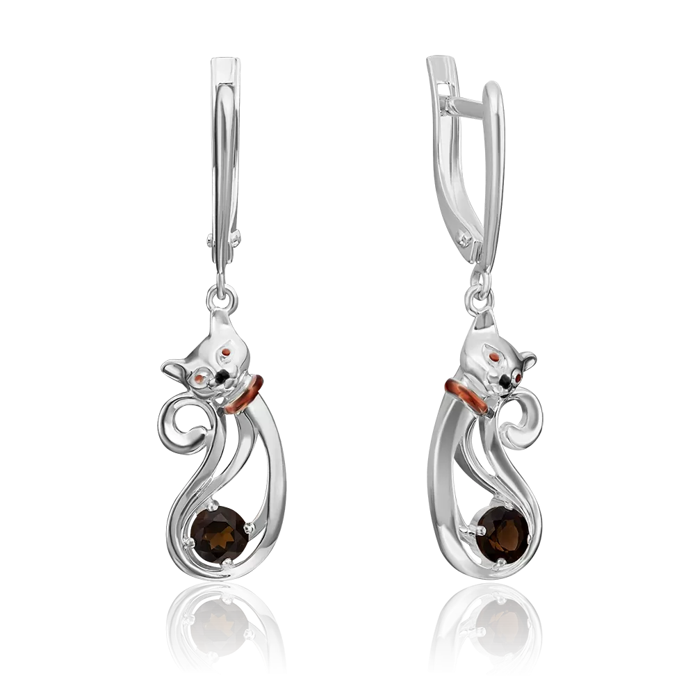 Серьги «Кошки» с английским замком из серебра с кварцем дымчатым и эмалью 02-4644-00-202-0200-68