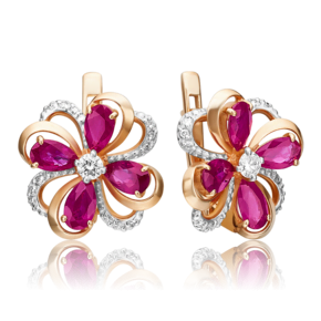 Серьги с английским замком из красного золота с рубинами и бриллиантами