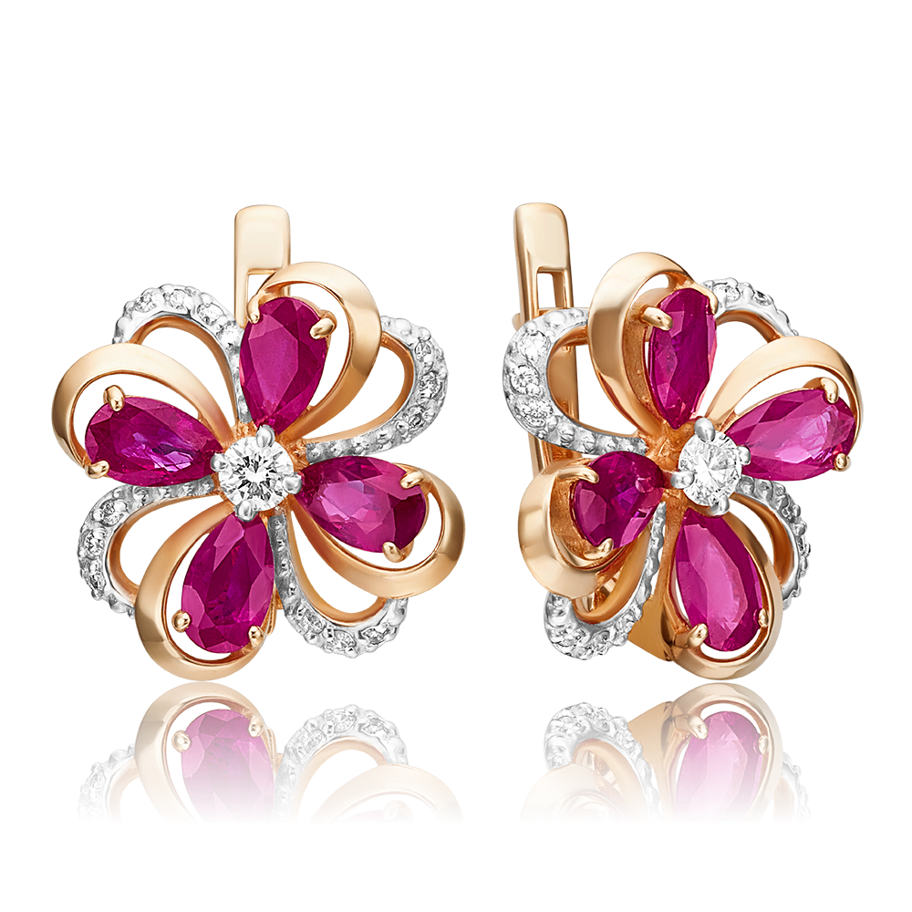 Серьги с английским замком из красного золота с рубинами и бриллиантами 02-0865-00-107-1110-30