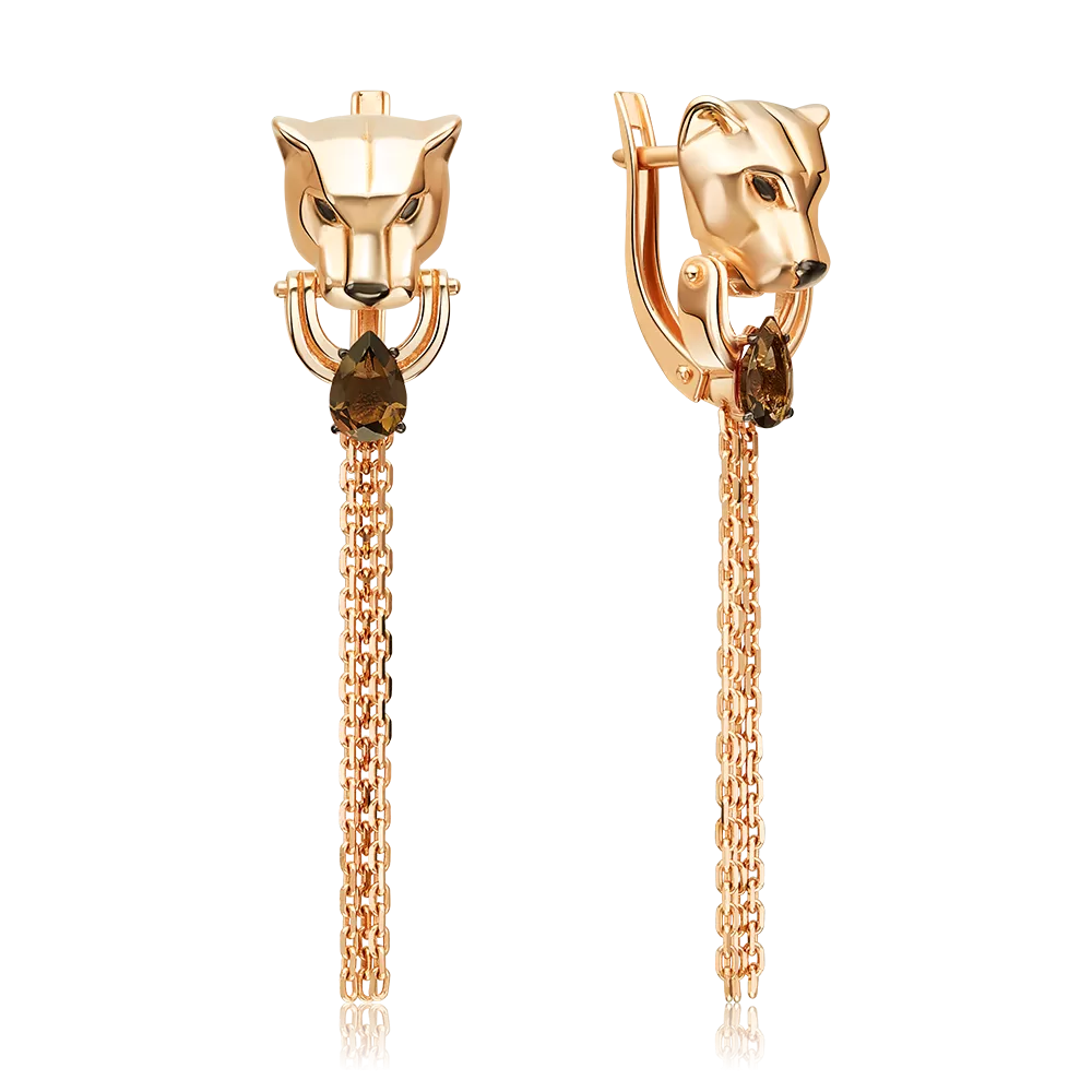 Серьги «Пантеры» с английским замком из красного золота с кварцем дымчатым 02-5507-00-202-1110