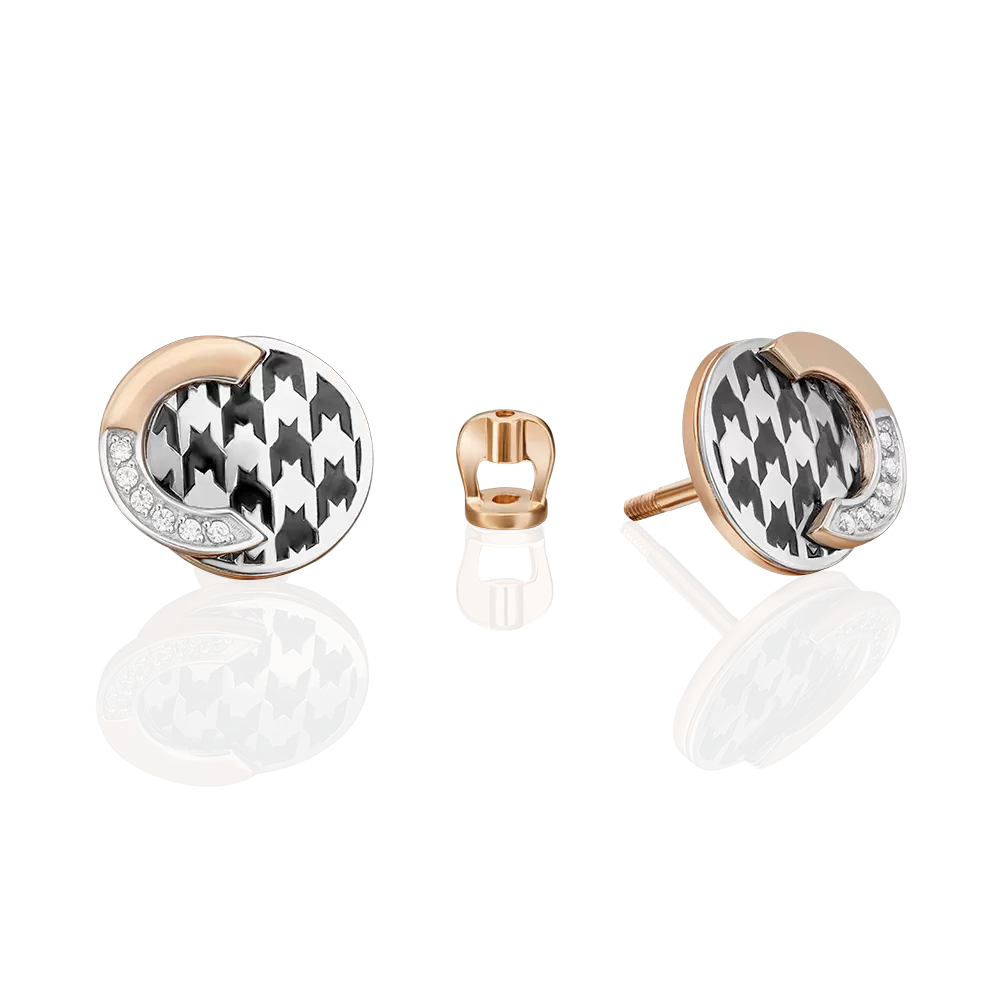 Серьги с принтом «Гусиная лапка» из комбинированного золота с фианитами и эмалью 02-5201-00-401-1111